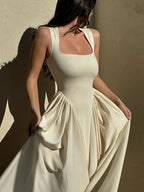 Solid Pleated Square Neck Midi Dress