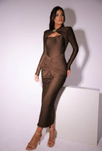 Long Sleeved Pleated Hollowed Out Maxi Dress