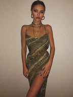 Snake Print Chiffon Sheer Strap Backless Slit Slip Dress
