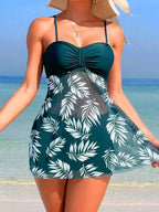 Short Dress Split Mesh Print Two Piece Swim Sets