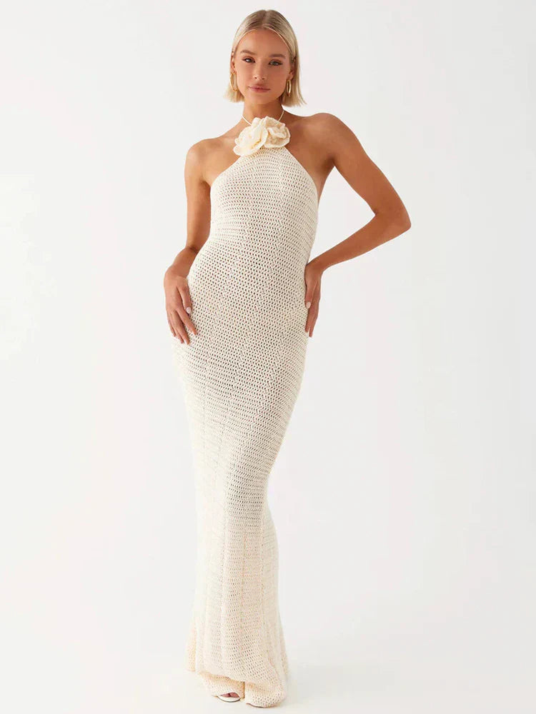 Knitted Crochet Slim Halter Beachwear Cover - Up Dress