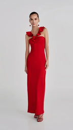 Red Flower Ruffles Strap Maxi Dress