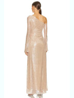 Mesh Sequin 3D Flower Long Sleeve Bodycon Maxi Dress