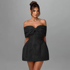 Bow Off Shoulder Backless A - line Jacquard Party Dress