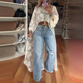 Lace Floral High Neck Puff Sleeve Blouse