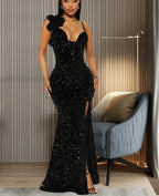 Slit Padded Sequin Strap Long Dress