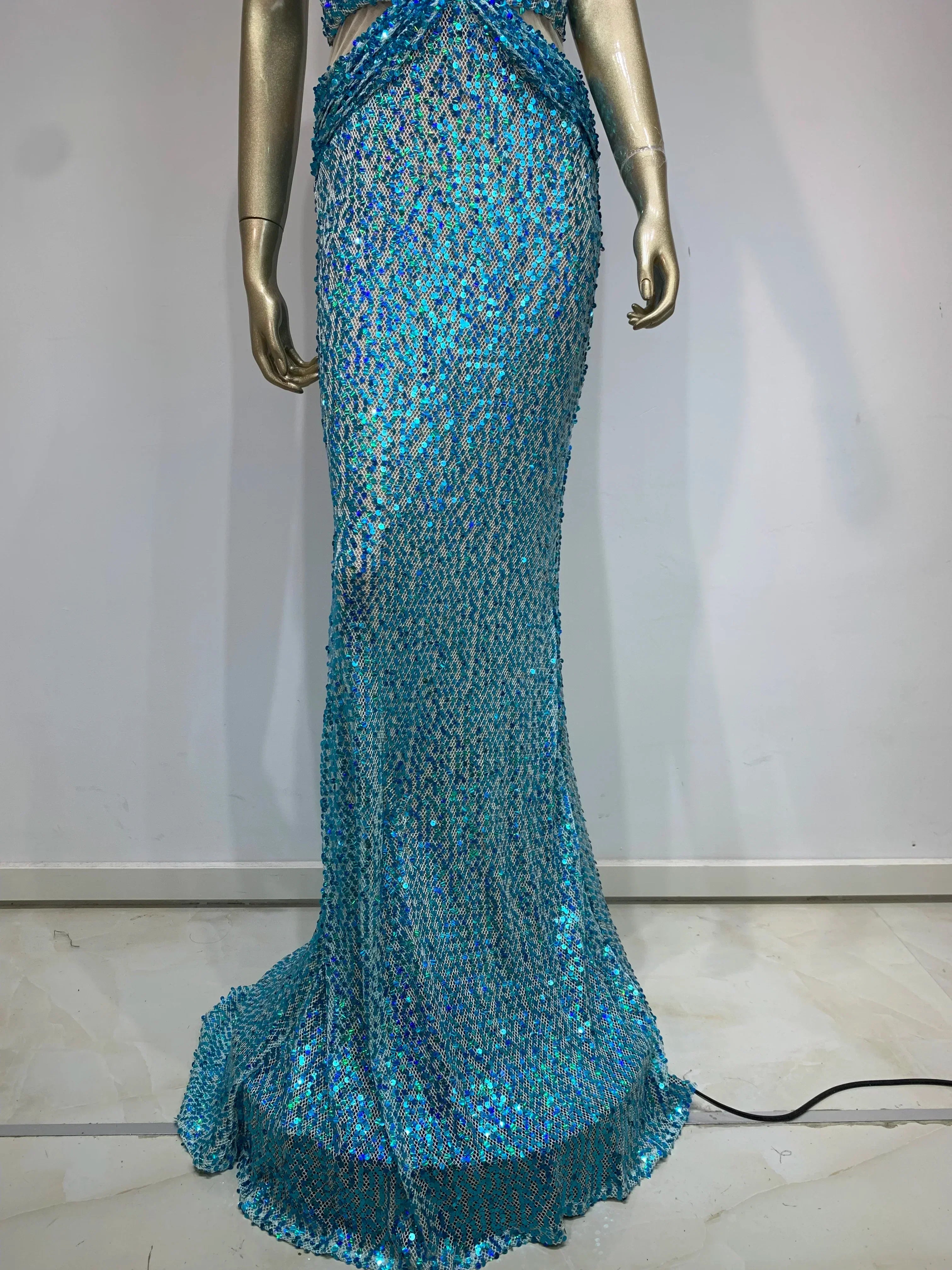 Halter Blue Sequins Sparkly Glitter Maxi Dress