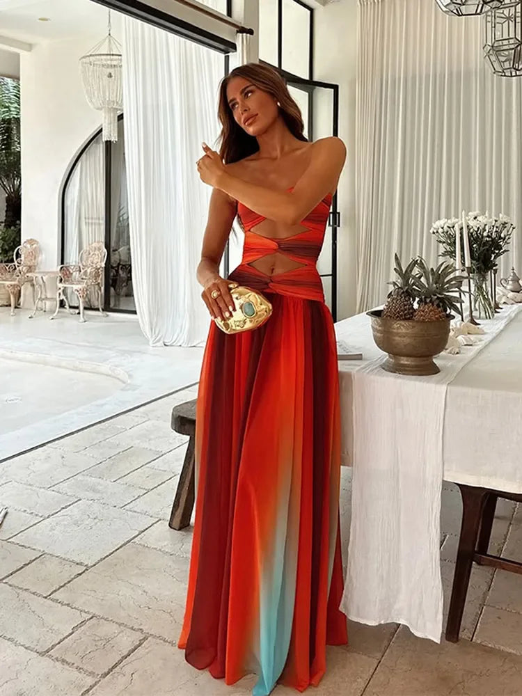 Gradient Pleated Hollow Strap Midi Dress