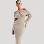 Fluffy Solid Knitted Off Shoulder Midi Dress