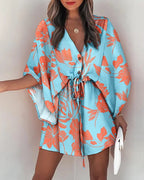Casual Flora Print Batwing Sleeve LaceUp Dress