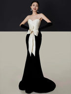 3D Flower Bowknot Patchwork Velvet Dress
