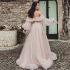 Off The Shoulder Long Puff Sleeve Slit Prom Dress
