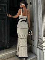 Striped Knit Backless V Neck Summer Dress
