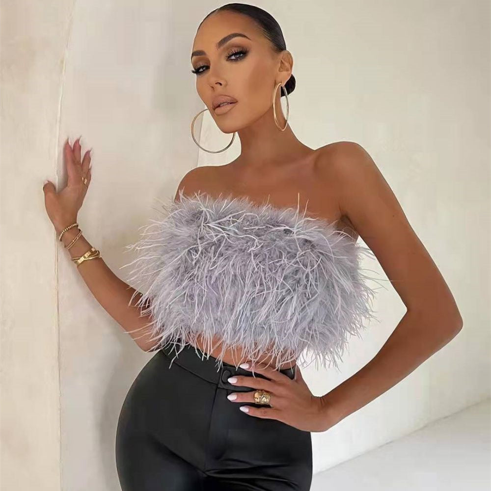 Faux Ostrich Feather Soft Fur Tank Short Vest Colorful Backless Nightclub Tube Top