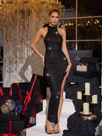 Backless Back Bow Sequin Maxi Dress In Black