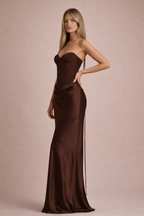 Serena Halter Neck Corset Maxi Dress – Brown Satin Evening Gown