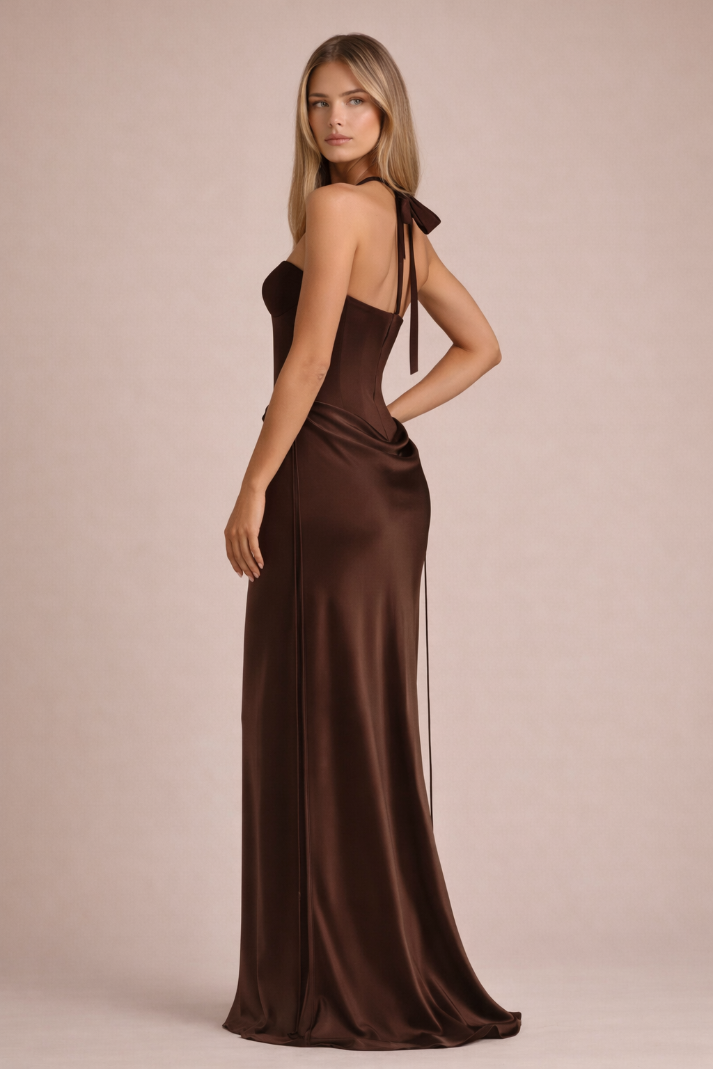 Serena Halter Neck Corset Maxi Dress – Brown Satin Evening Gown
