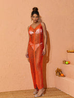 Sevilla V Neck Knitted Maxi Dress In Orange