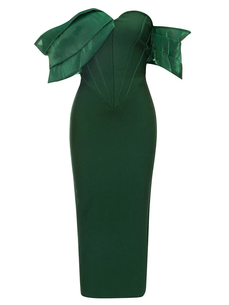 Sexy Asymmetric Sleeves Off Shoulder Bandage Green Slash Neck Party Dress