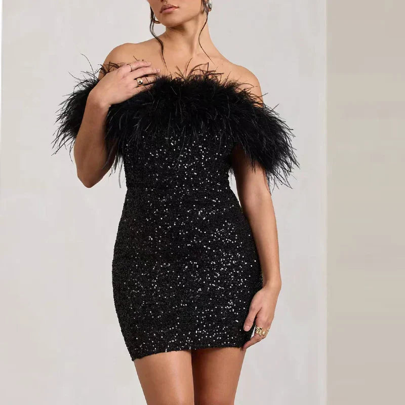 Backless Glitter Feather Slim Party Dress