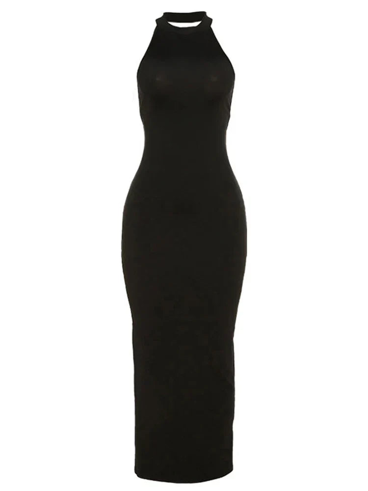 Backless Halter Elegant Bandage Summer Club Black Midi Dresses