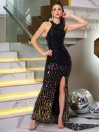 Shiny Sequined Slit Party Dress