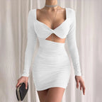 Black Hollow Out Ruched Bag Hip Bodycon Mini Solid Color Long Sleeve Pleated Party Dress