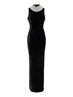 Sexy Black Velvet Halter Neck Pearl Chain Long Dress Maxi Party Dress
