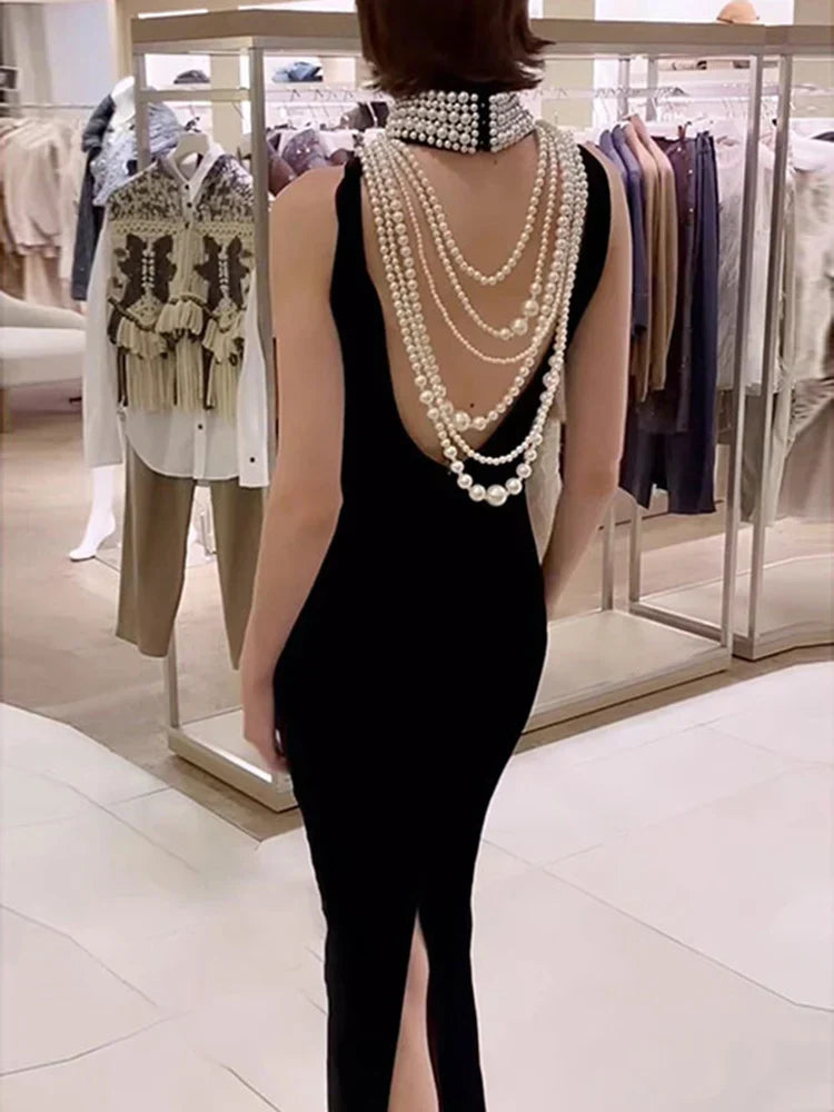 Sexy Black Velvet Halter Neck Pearl Chain Long Dress Maxi Party Dress