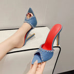 club pointed peep toe rivet denim Thin high heel party High Heel