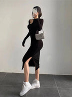 Cut Out Oneck Long Sleeve Solid Casual Midi Dresses