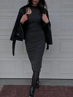 Cut Out Oneck Long Sleeve Solid Casual Midi Dresses