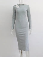 Cut Out Oneck Long Sleeve Solid Casual Midi Dresses