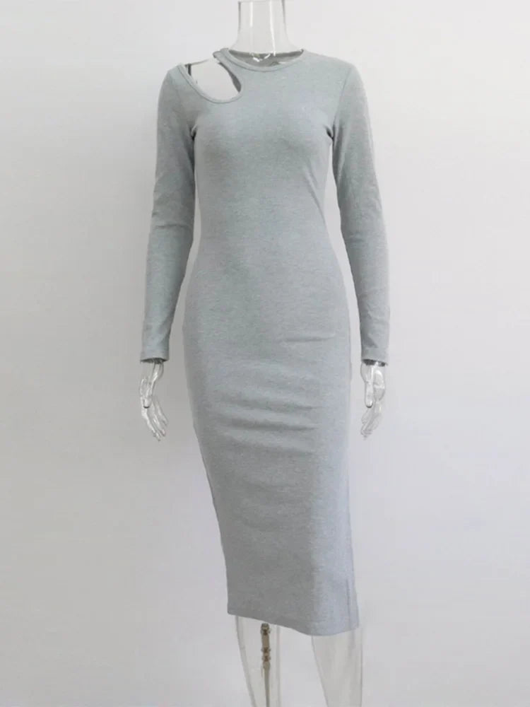 Cut Out Oneck Long Sleeve Solid Casual Midi Dresses