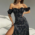 Elegant Summer Vneck Puff Sleeve Beach Floral Dress