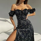 Elegant Summer Vneck Puff Sleeve Beach Floral Dress