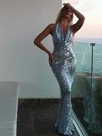 Sexy Glitter Sequinned Women's Backless Maxi Chic Halter Party Dress