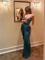 Green Satin Pleated Deep V Party Dress