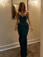 Green Satin Pleated Deep V Party Dress