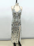 Sexy Halter Lace-up V Neck Shiny Sequins Backless Silver Party Dress