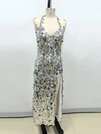 Sexy Halter Lace-up V Neck Shiny Sequins Backless Silver Party Dress