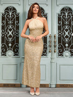 Sexy Halter Mesh Patchwork Sequins Long Backless Elegant Party Dress
