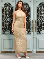 Sexy Halter Mesh Patchwork Sequins Long Backless Elegant Party Dress