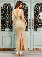 Sexy Halter Mesh Patchwork Sequins Long Backless Elegant Party Dress