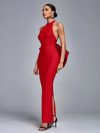 Sexy Halter Neck Backless Bow Design Red Sleeveless Bodycon Party Dress