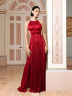 Sexy Halter Neck Chain Pleated High Split Long Dress Backless Party Dress