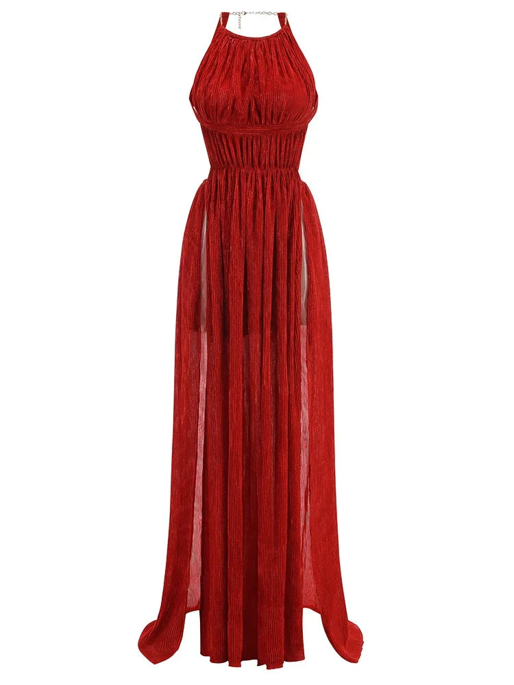 Sexy Halter Neck Chain Pleated High Split Long Dress Backless Party Dress