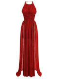 Sexy Halter Neck Chain Pleated High Split Long Dress Backless Party Dress