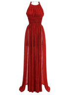 Sexy Halter Neck Chain Pleated High Split Long Dress Backless Party Dress