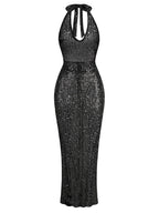 Sexy Halter Neck Lace-up Sparkly Sequins Silver Black Backless Party Dress